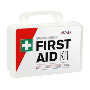 First Aid Kit, Lightweight Waterproof, Wall Mounting, 110 Components, People Served: 25, Plastic Case, White