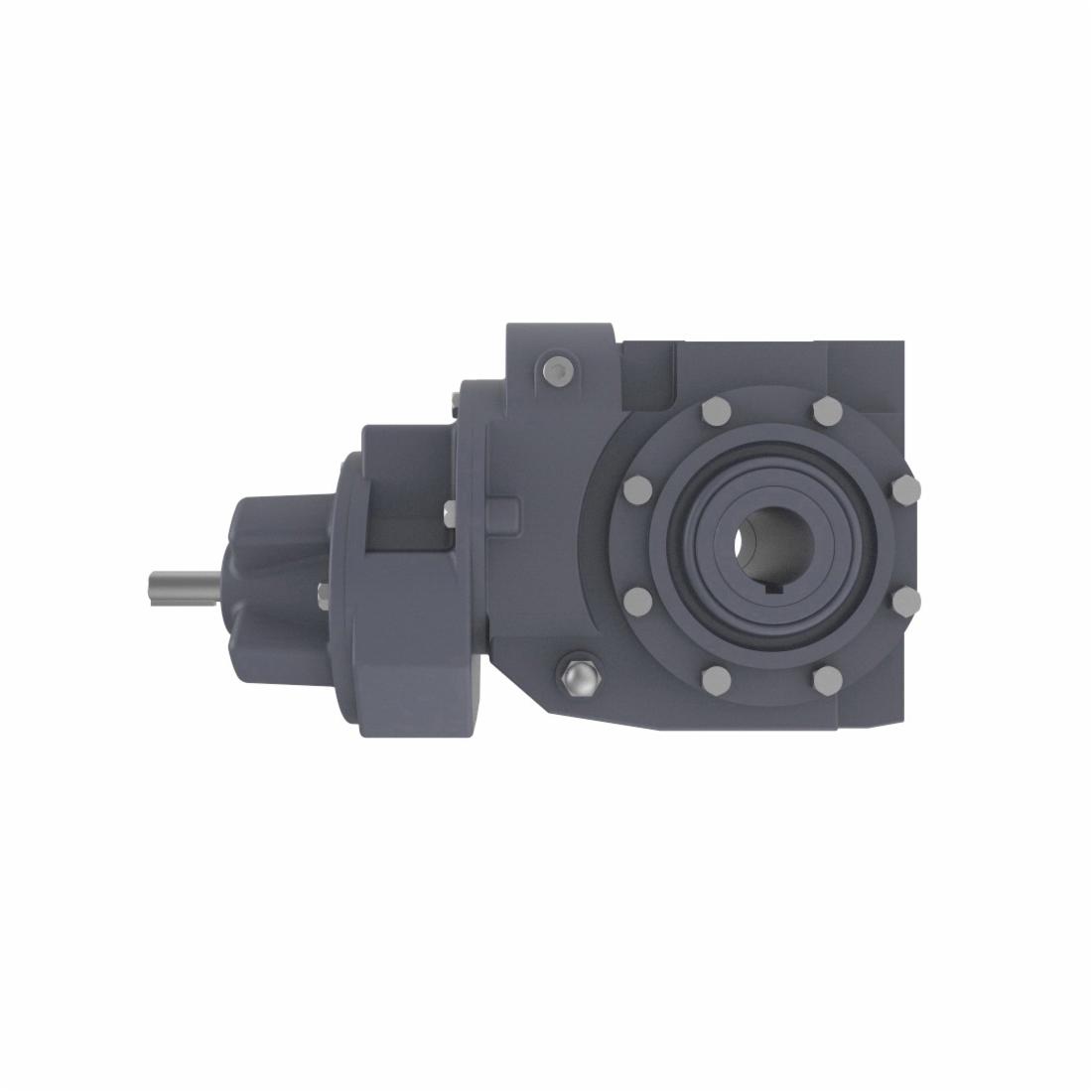 Right Angle Helical Worm Gear Drive, 560:1 Gear Ratio, 0.42 HP Input/0.33 HP Motor, Non-Flange Solid Projecting Shaft Input, Hollow Shaft Output, 3.1 RPM Output Maximum Speed, 5296 in-lb, Right Hand, No Base Mount, Cast Iron, Standard Gray Painted