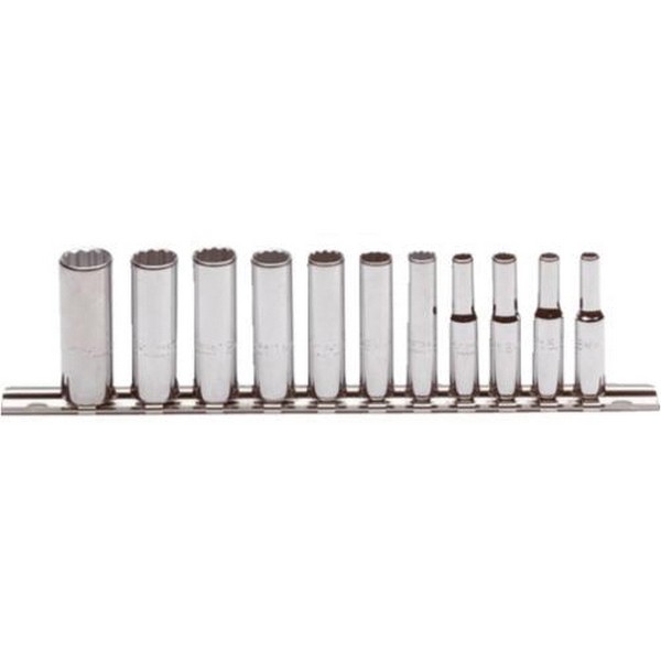 Socket Set, Measurement System: Metric, 11 Piece, 12 Points, 5 to 14 mm Included Socket Size, 1/4 in Drive, ASME B107.5M Specifications Met, Full Polished
