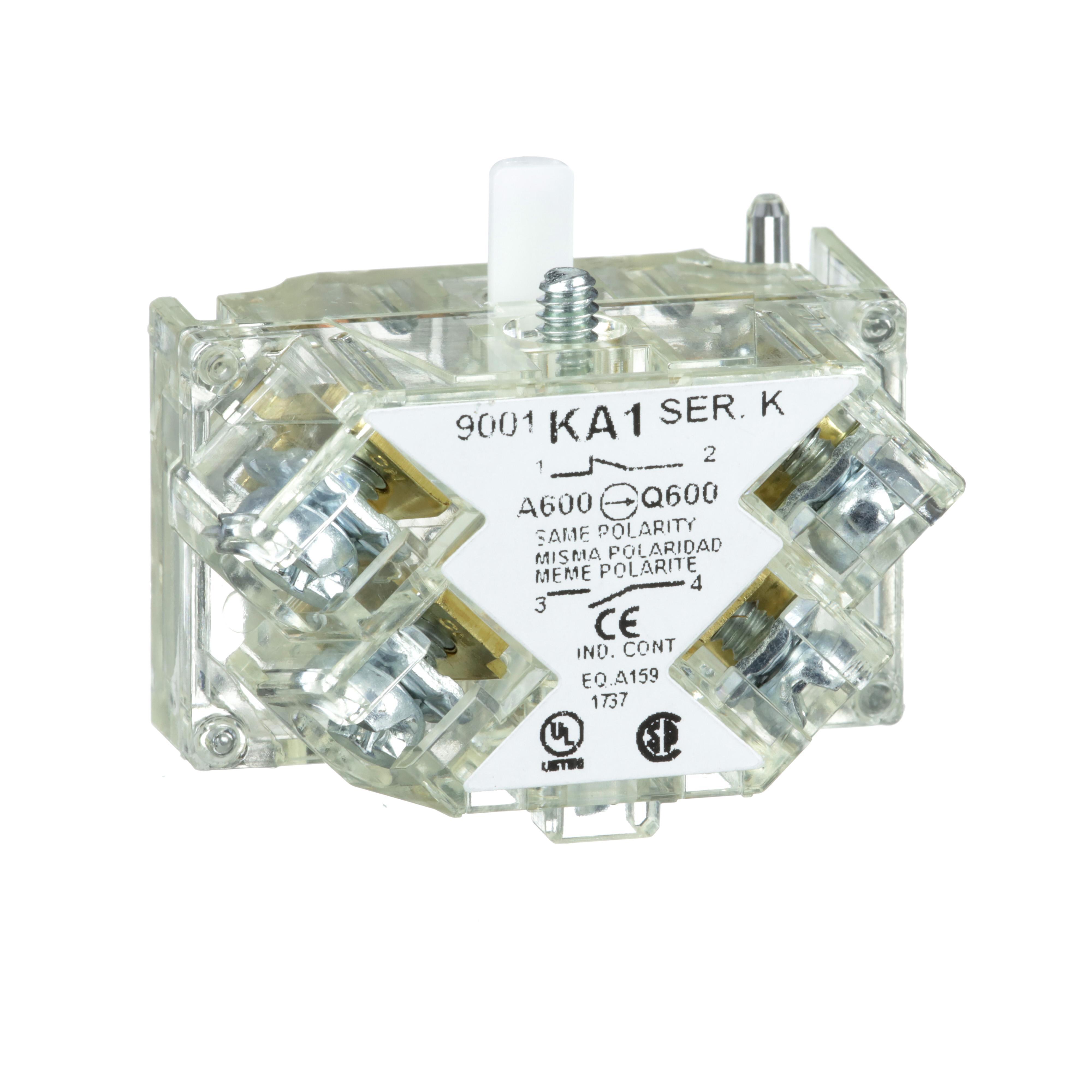 Contact Block, Types K SK KX Finger Safe Standard, Series: 9001K, 30 mm Size, 1NO-1NC Contact Configuration, 10 A, 600 V AC Contact, Silver Alloy Contact, Momentary Action, Standard Operator, IP20 Enclosure, Screw Clamp Terminal, Threaded Mounting, Nylon, Clear