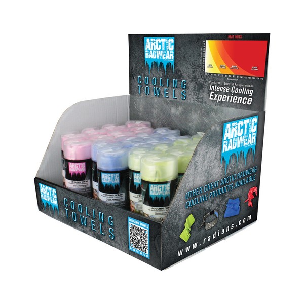 Cooling Towel Counter Display, Mixed, 26 x 8-1/4 in Size, Blue/Lime/Pink, 2 to 3 min Soaking