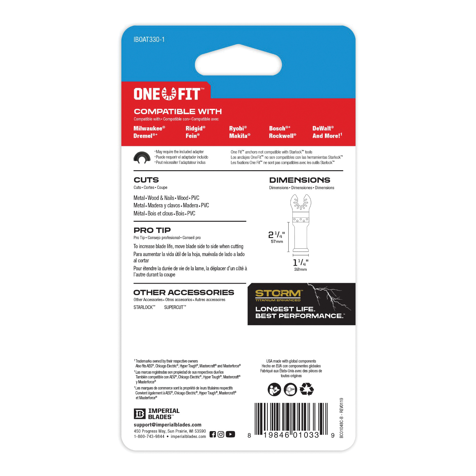 Metal/Wood Blade, Multi-Material, For Use With: Milwaukee, Ridgid, Ryobi, Bosch, DeWalt, Dremel, Fein, Makita, Rockwell Imperial ONE FIT™ Anchor Fits Majority of Non-Imperial STARLOCK™ Multi-Tool, Specifications: 1 in Arbor, 1-1/4 in, Bi-Metal, Storm TiN Coated, Black, 1.25 in L x 1.25 in W x 0.1 in THK Dimensions