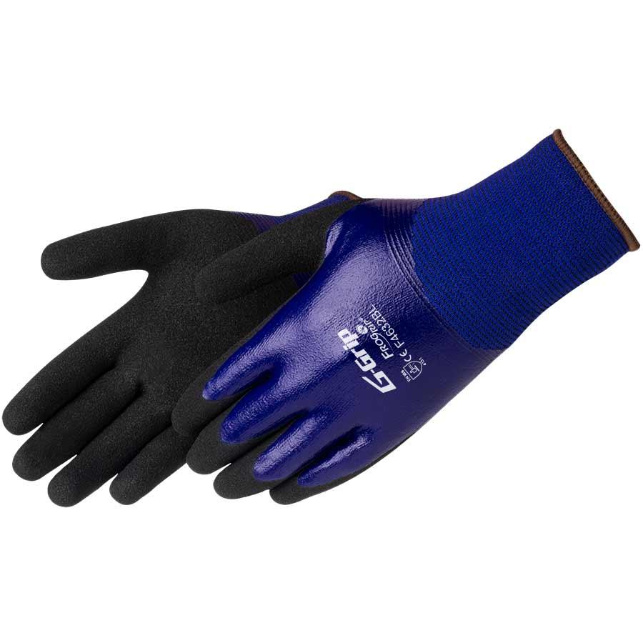 Glove, Series: F4632BL, 15 ga Nylon Shell, Black/Royal Blue, Seamless Style, Knit Wrist Cuff, Sandy Foam Nitrile Coating, Palm and Fingers Coating Coverage, Resists: Abrasion/Cut/Puncture/Tear