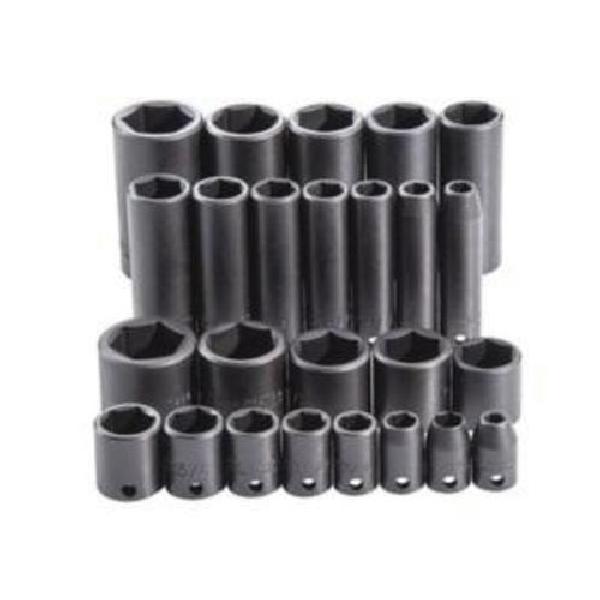 Impact Socket Set, Yes Impact Rated, Measurement System: Imperial, 25 Piece, 6 Points, 3/8 in Drive, Specifications Met: ASME Specified, Square Drive, Alloy Steel, Black Oxide