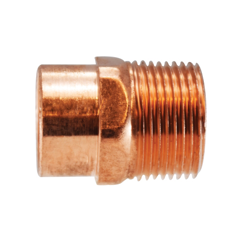 Adapter, Straight, Fitting/Connector Type: Adapter, 3/4 x 1/2 Inch Nominal, Solder x MNPT, 500 psi at 100 °F, 32 to 200 °F, Copper, 4/8 Inch Inside Diameter x 5/8 Inch Outside Diameter, Domestic