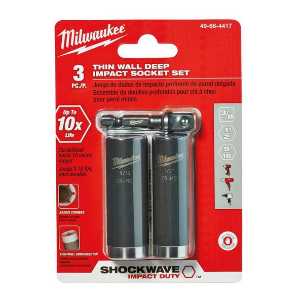 Socket Set, Deep Thinwall, Yes Impact Rated, Measurement System: Imperial, 3 Piece, 6 Points, Included Socket: Yes, 3/8 in Drive, Alloy Steel, Black Oxide