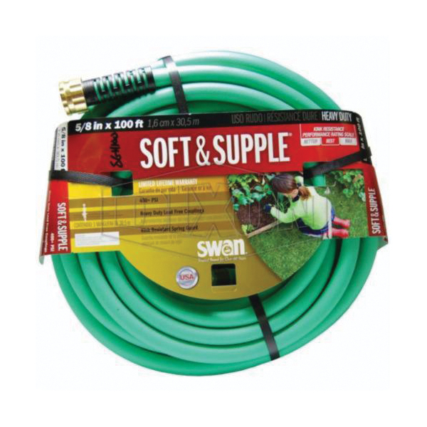 Garden Hose, 5/8 Inch Nominal Size, 100 ft Length, 150 psi Working, 0 to 140 °F, Rubber Vinyl, Green, Domestic
