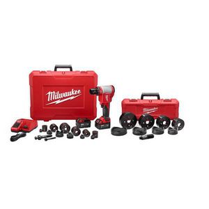 Knockout Tool Kit, High Capacity, 1/2 to 4 in Mild Steel/Stainless Steel Maximum Cutting, 10 ton Maximum Operating Force, 18 VDC, Lithium-Ion Battery, 3 Ah Battery, 13.63 in Overall Length
