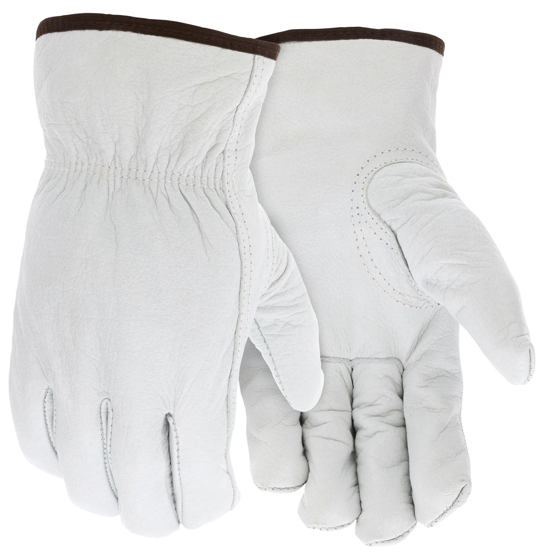 Gloves, Arm Protection, XL Size, Grain Leather Palm, White, Standard Finger/Keystone Thumb Style, Slip-On Cuff