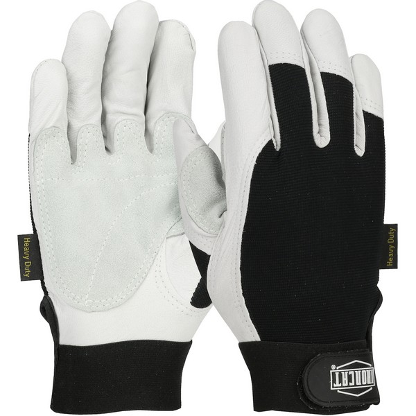 General Purpose Gloves, Heavy Duty Unisex, Series: 86550, Leather Palm/Work Glove Type, L, Grain Goatskin Leather Palm, Grain Goatskin Leather/Spandex®, Black/Gray, Full Finger/Wing Thumb, Hook and Loop Closure, 9 in Length