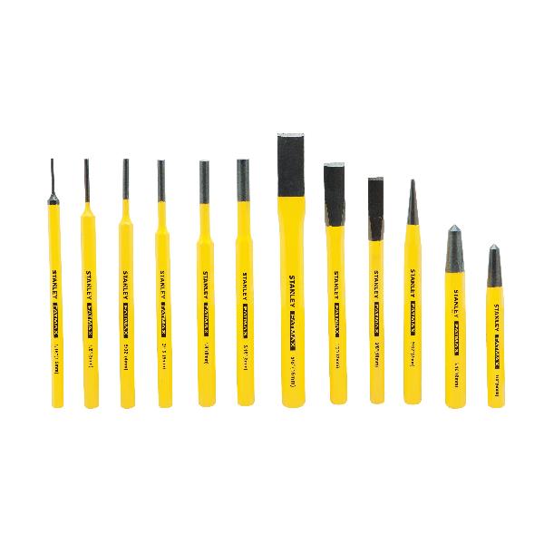 Punch and Chisel Set, 12 Pieces, 1/4 in Center Punch, 5/16 in Center Punch, 3/32 in Starter Punch, 3/8 in Cold Chisel, 1/2 in Cold Chisel, 5/8 in Cold Chisel, 5/16 in Pin Punch, 1/4 in Pin Punch, 3/16 in Pin Punch, 5/32 in Pin Punch, 1/8 in Pin Punch