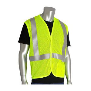 Arc and Flame Resistant Vest, Series: 305-2100, 2XL, Hi-Viz Lime Yellow, Solid GlenGuard® Modacrylic/Aramid Blend Mesh Fabric, 54-1/2 in Chest, 28 in Length, Hook and Loop Closure, 1 Pockets, ANSI Class: Class 2