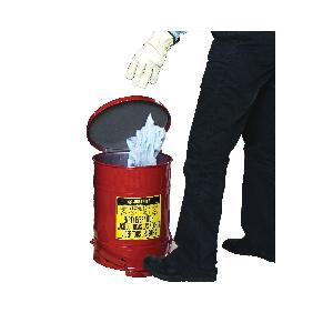 Oily Waste Can, Foot Operated, 10 gal Capacity, 13.938 in Diameter, 18-1/4 in Height, Steel, Powder Coated, Red
