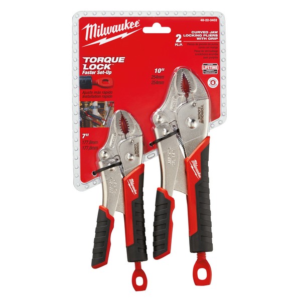 Plier Set, Locking Pliers, 2 Piece, Specifications: Ergonomic Handle, 1-Handed Jaw Release Lever, Forged Alloy Steel, Black/Red