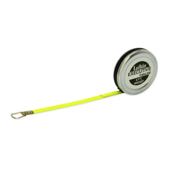 Pocket Tape Measure, Series: Executive, Measuring System: Imperial, 6 ft Blade Length, 1/4 in Blade Width, Steel Blade, Graduations: 1/64ths, Black Markings, Automatic Rewind, Non-Locking Locking, Ring Hook, Chrome Case
