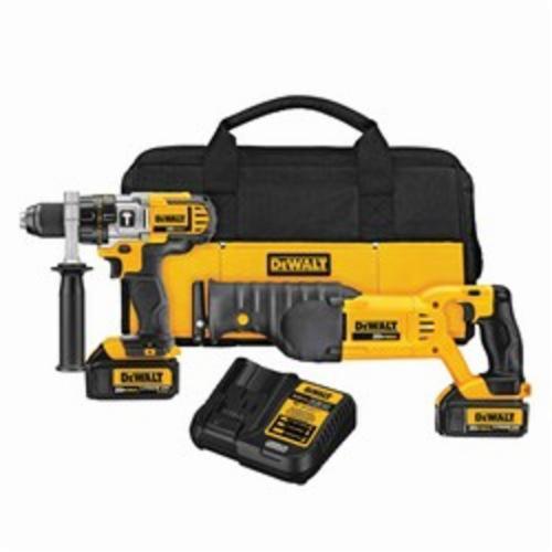 Cordless Combination Kit, Hammer Drill/Reciprocating Saw, 20 VDC, Lithium-Ion, 3 Ah Battery, Specifications: 1/2 in Chuck, For Use With: DCB200, DCB201 Battery and DCB101, DCB119 Charger, Contractor Bag Package Type, Black/Yellow