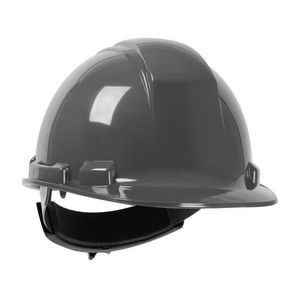 Hard Hat, Universal Size, Fits Minimum Hat Size: 6, Fits Maximum Hat Size: 8, Dark Gray, HDPE Shell, 4-Point Quick Release Suspension, ANSI Electrical Class Rating: Class E, Graphics: Custom Logo, Wheel Ratchet Adjustment