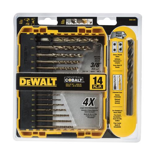 Drill Set, Imperial System of Measurement, 1/16 in Minimum Drill Bit Size, 3/8 in Drill Bit Size, 135 deg Drill Point Angle, 14 Piece, Specifications: Pilot Point, Round Shank, Carbide Tip