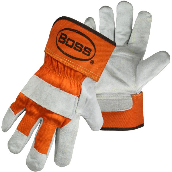 General Purpose Gloves, Leather Palm Glove, Premium Grade Double Split Cowhide Leather Palm, Back and Cuff 100% Cotton, Orange, Gunn Cut with Wing Thumb Style, Rubberized Safety Cuff, Elastic/Shirred Closure