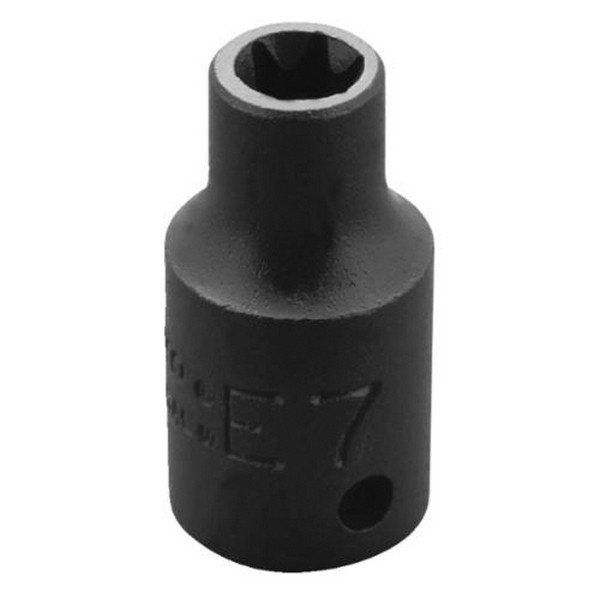Socket, Standard Length, Yes Impact Rated, Measurement System: Imperial, Torx® Drive, 1/4 in Drive, E7 Socket, 1 in Overall Length, 9/32 in Opening Depth, 1/2 in Drive End Width, 21/64 in Socket End Width, 2/13 in Bolt Clearance Depth, Alloy Steel, B
