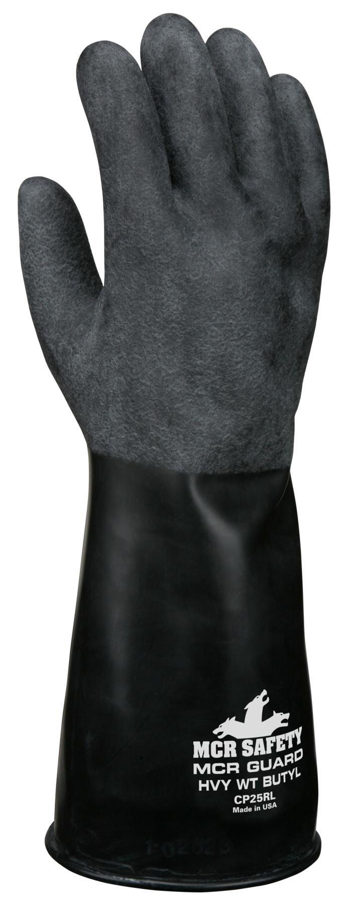 Gloves, Arm Protection, L Size, Rubber, Rough, Standard Finger/Straight Thumb Style, Gauntlet Cuff, Butyl Coating, 14 in Length, 25 mil Thickness, Resists: Chemical