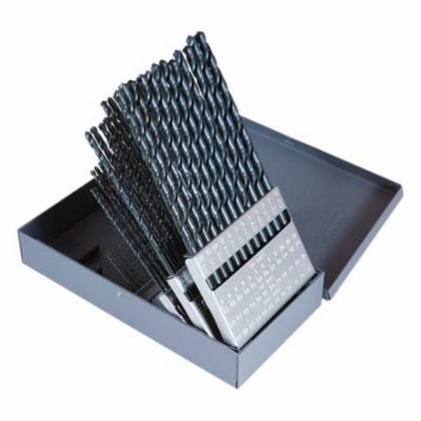 Taper Length Drill Set, Series: 120, Imperial System of Measurement, #60 Minimum Drill Bit Size, #1 Maximum Drill Bit Size, 118 deg Drill Point Angle, 60 Piece, Specifications: Radial Point, Right Hand Cut, Spiral Flute, Straight Shank, HSS, Steam Ox