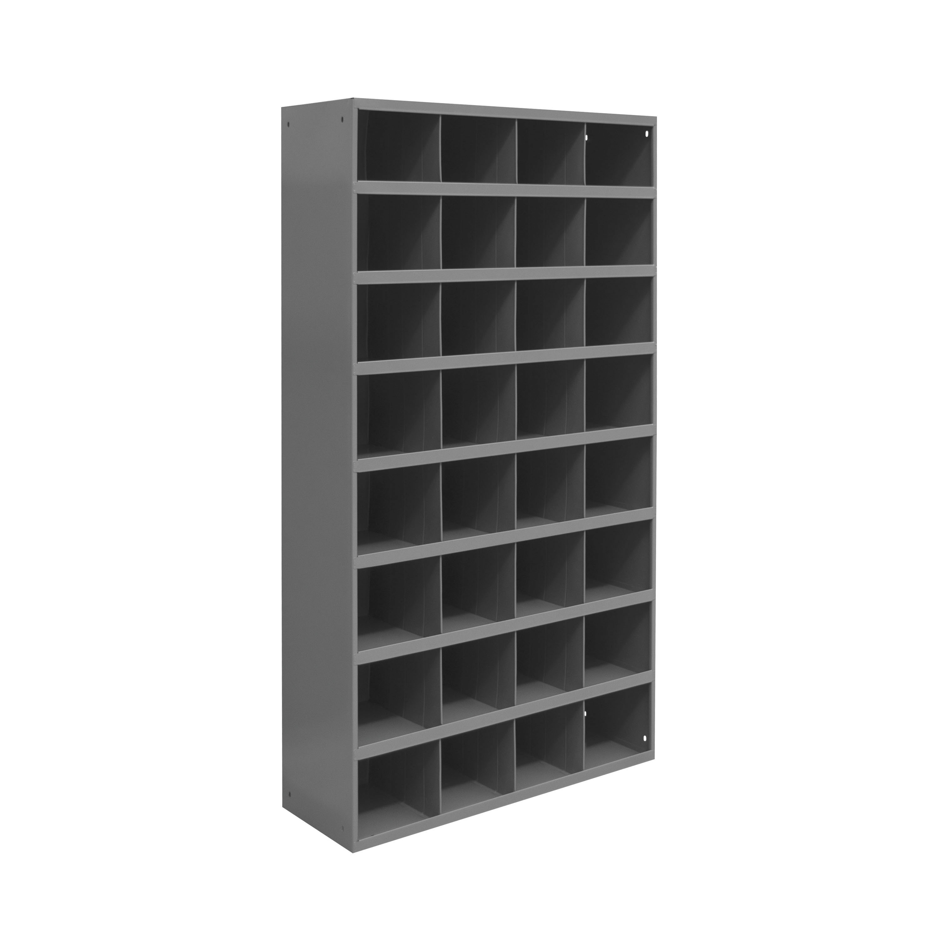 Tall Bin, Open, 12 in Overall Length, 33-7/8 in Overall Width, 64-5/9 in Overall Height, Cold Rolled Steel, Gray, 20 ga Gauge Thickness, 8 Cabinet Shelves, 32 Bins, Gray Bin, 7-13/16 in W x 11-7/8 in D x 6-5/8 in H Bin