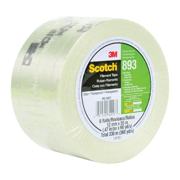 Filament Tape, Performance, 55 m Length, 96 mm Width, 6 mil Thickness, Fiberglass Filament, Clear, 3 Inch Diameter Core, Synthetic Rubber Adhesive, Polypropylene Backing, 55 in-oz Adhesion Strength, 300 in-lb Tensile Strength, Specifications Met: ASTM