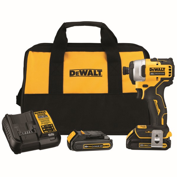Impact Driver Kit, Brushless Compact Cordless, Series: ATOMIC, 1/4 in Drive, 1700 in-lb Torque, 2800 RPM Speed, 20 VDC, Lithium-Ion Battery, Battery Included: Yes, Mid-Handle Handle, Variable Speed Trigger Control, 5.1 in Overall Length