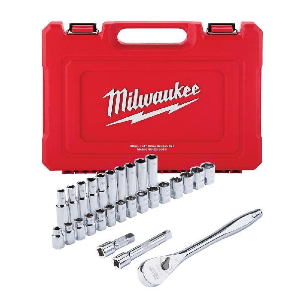 Wrench Set, Metric System of Measurement, 10 to 24 mm Size, 28 Piece, Specifications: 1/2 in Drive, Alloy Steel, Silver