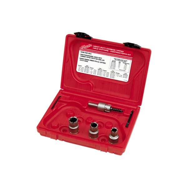 Contractor's Hole Saw Plate Cutter Kit, Quick-Change, 5 Piece, Specifications: 1/2 in D Cutting, 1/2 in Shank with 3-Flat, 1/4 in Dia x 2-3/4 in L Pilot Drill, For Use With: 49-57-0035 and 49-57-0037 Quick-Change Arbor, Carbide Tip