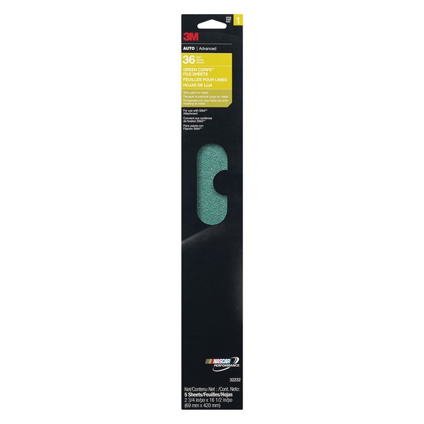 Coated Abrasive Sheet, Clip-On, 16-1/2 in Length, 2-3/4 in Width, 36 Grit, Aluminum Oxide Abrasive, Open Coat, Applicable Materials: Metal, Plastic Panel, Fiberglass Panel and Featheredging, Green