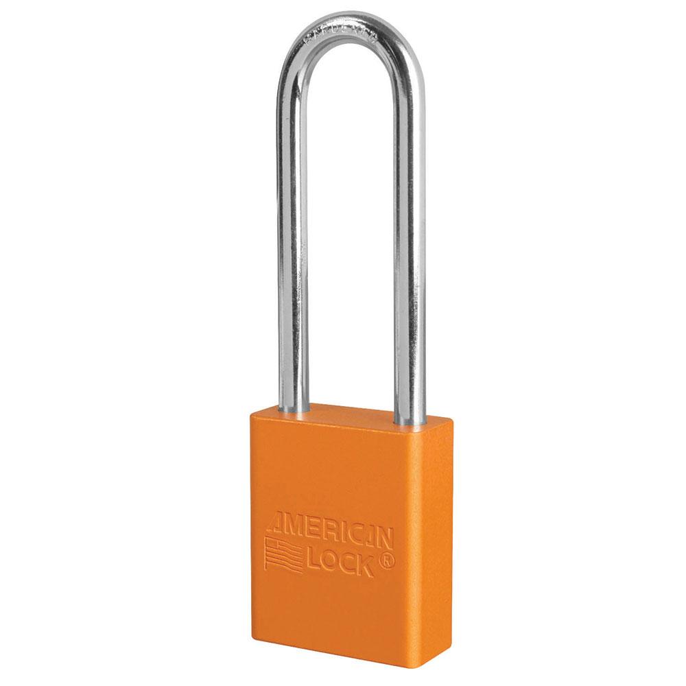 Safety Padlock, Corrosion Resistant, Keyed Different, Orange, Aluminum Body, 1/4 in Shackle Diameter, 25/32 in Shackle Width, Boron Alloy Shackle, 1-1/2 in Body Width, 6-Pin Tumbler Cylindrical Locking Mechanism, Legend: Danger Do Not Operate Safety Tag