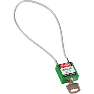 Cable Padlock, Compact, Different Key, Green, Nylon Body, 0.16 in Shackle Dia, 40 cm Shackle Height, 8 in Shackle Width, PVC Encased Steel Cable Shackle, 1.31 in Body Length, 1-1/4 in Body Width, 5-Pin Tumbler Cylindrical, DANGER LOCKED OUT - DANGER