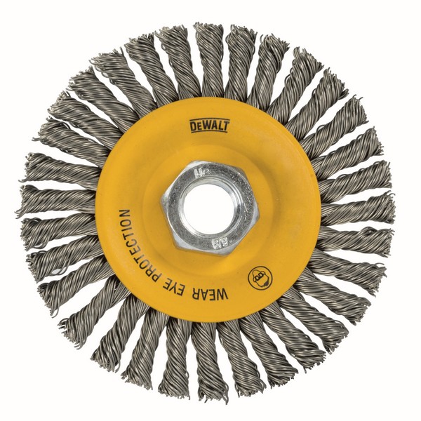 Wire Wheel Brush, 4 in Diameter Brush, 3/8 in Face Width, 5/8-11 Arbor Hole, Stringer Bead Filament/Wire, 0.02 in Dia Filament/Wire, Stainless Steel Fill, 7/8 in Trim Length, 20000 RPM Maximum