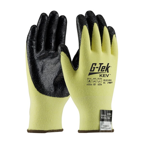 Cut Resistant Gloves, Medium Weight Unisex, Series: 09-K1450, 3XL Size, Nitrile Palm, Nitrile Coating, Kevlar®/Lycra® Fiber, Black/Yellow, Seamless/Smooth Grip Style, Kevlar® Lining, Elastic/Knit Wrist Cuff, ANSI Cut-Resistance Level: A2, Resists: Ab