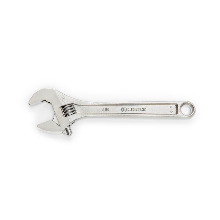 Adjustable Wrench, 1-1/8 in Wrench Opening, 8 in Overall Length, 2.48 in Jaw Width, 0.3 in Jaw Thickness, Non-Cushion Grip, Heat Treated Alloy Steel Body, Heat Treated Alloy Steel, Polished Chrome