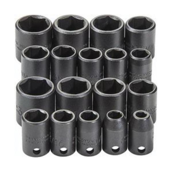 Impact Socket Set, Universal, Yes Impact Rated, Measurement System: Metric/Imperial, 18 Piece, 6 Points, 3/8 in Drive, Specifications Met: ASME Specified, Specifications: Square Drive, Alloy Steel, Black Oxide