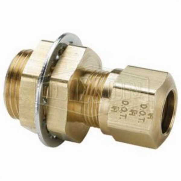 Air Brake Bulkhead Union, 1/2 x 3/8 Inch, Tube x Pipe Thread, 1-1/16 Inch Hex, 1.94 Inch Length, 150 psi Working, -40 to 200 °F, Brass, Domestic