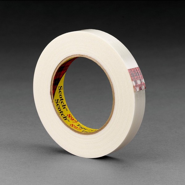 Filament Tape, Series: 897, 55 m Length, 24 mm Width, 5 mil Thickness, Fiberglass Yarn Filament, Clear, 3 Inch Diameter Core, Synthetic Rubber Adhesive, Polypropylene Backing, 50 in-oz Adhesion Strength, 170 in-lb Tensile Strength, 80 °F Maximum Operat