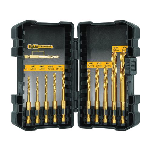 Twist Drill Bit Set, Imperial System of Measurement, 1/8 in Minimum Drill Bit Size, 3/8 in Drill Bit Size, 135 deg, 10 Piece, Pilot Point, Titanium