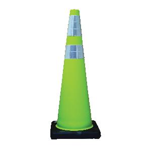 Traffic Cone, Series: DW-Series, 36 in Height, Fluorescent Lime Cone, PVC Cone, 6 in Upper/4 in Lower Collar Height, Reflective Collar, 2 Collars, Black Base, 10 lb Weight, Specifications Met: MUTCD Standard, NCHRP 350