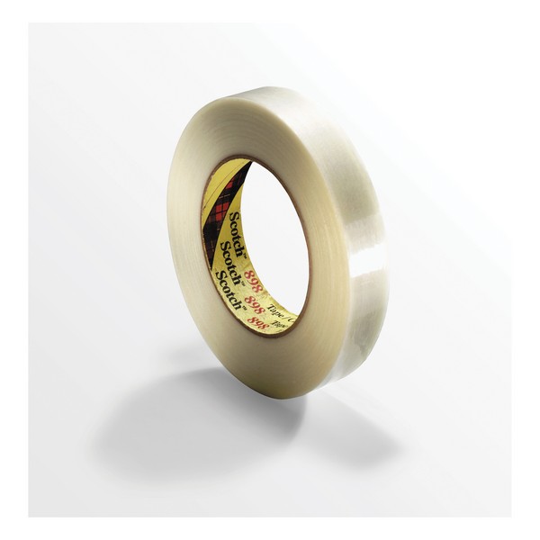 Filament Tape, Reinforced Strapping, 55 m Length, 72 mm Width, 6.6 mil Thickness, Fiberglass Yarn Filament, Clear, 3 Inch Diameter Core, Synthetic Rubber Adhesive, Polypropylene Backing, 70 in-oz Adhesion Strength, 380 in-lb Tensile Strength, 80 °F Max