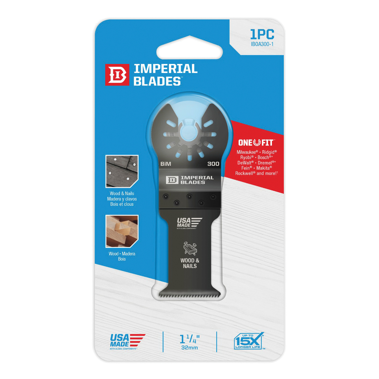 Wood and Nail Blade, Standard, For Use With: Milwaukee, Ridgid, Ryobi, Bosch, DeWalt, Dremel, Fein, Makita, Rockwell Imperial ONE FIT™ Anchor Fits Majority of Non-Imperial STARLOCK™ Multi-Tool, Specifications: 1 in Arbor, 1-1/4 in, Bi-Metal, Black, 1.25 in L x 1.25 in W x 0.1 in THK Dimensions