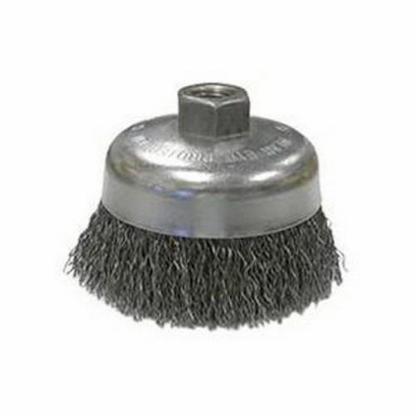 Cup Brush, 4 in Brush Dia, 5/8-11 UNC, Crimped Wire, 0.02 in Wire Dia, Carbon Steel Wire, 9000 RPM Max