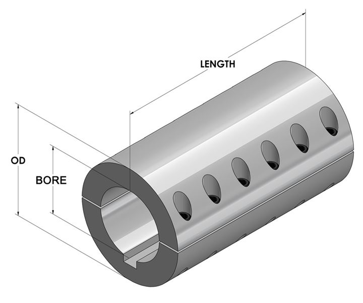 Screw with Keyway, 2-Piece Clamp, Series: H2CC, 2-15/16 in Bore, 5-1/8 in OD, 9 in Overall Length, 1/2-20 x 1-1/2 in Screw, Steel, Black Oxide