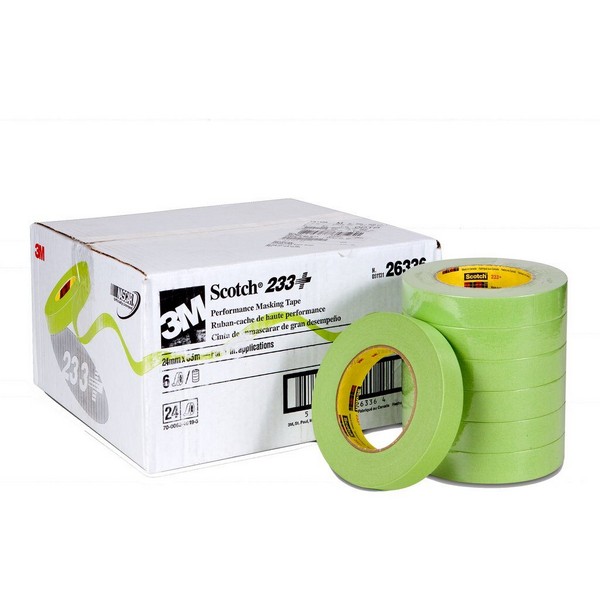 Masking Tape, High Performance, Series: 233+, 55 m Length, 24 mm Width, 6.6 mil Thickness, Green, Rubber Adhesive, Crepe Paper Backing, 36 in-oz Adhesion Strength, 25 in-lb Tensile Strength, 250 °F Maximum Operating
