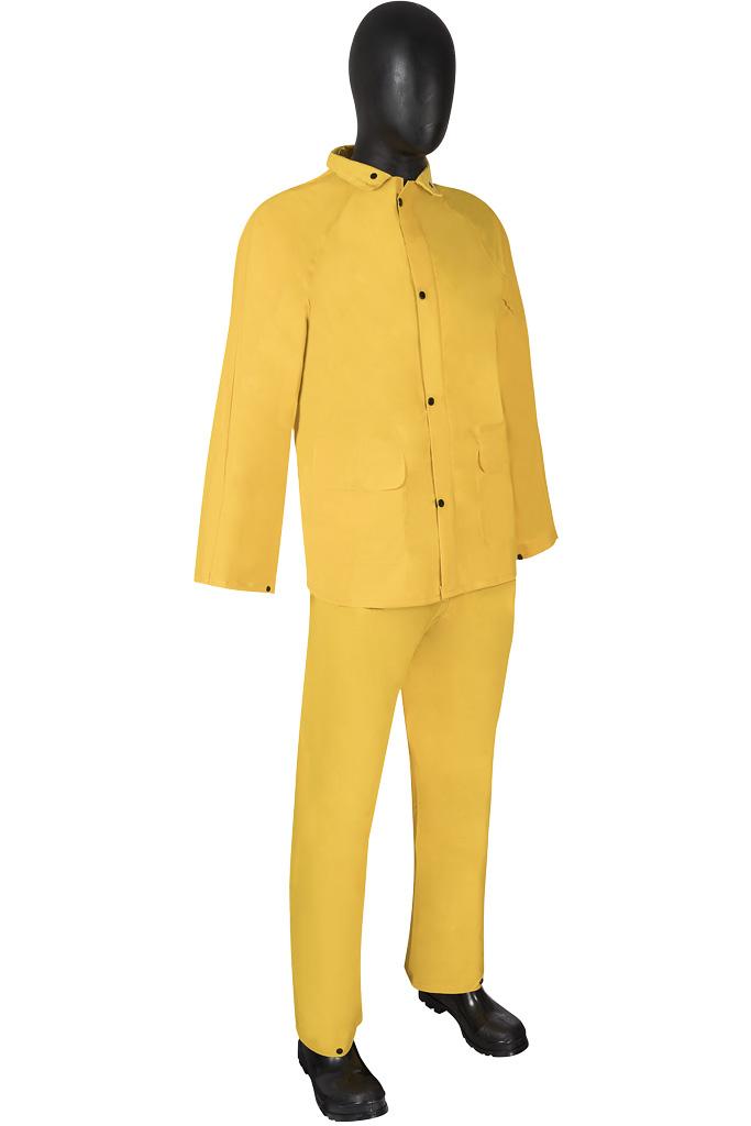 Rainsuit, 3-Piece, Series: LS14, L Size, Hi-Viz Green, PVC/Polyester, Detachable Hood, 0.35 mm Thickness, Zipper Front Closure