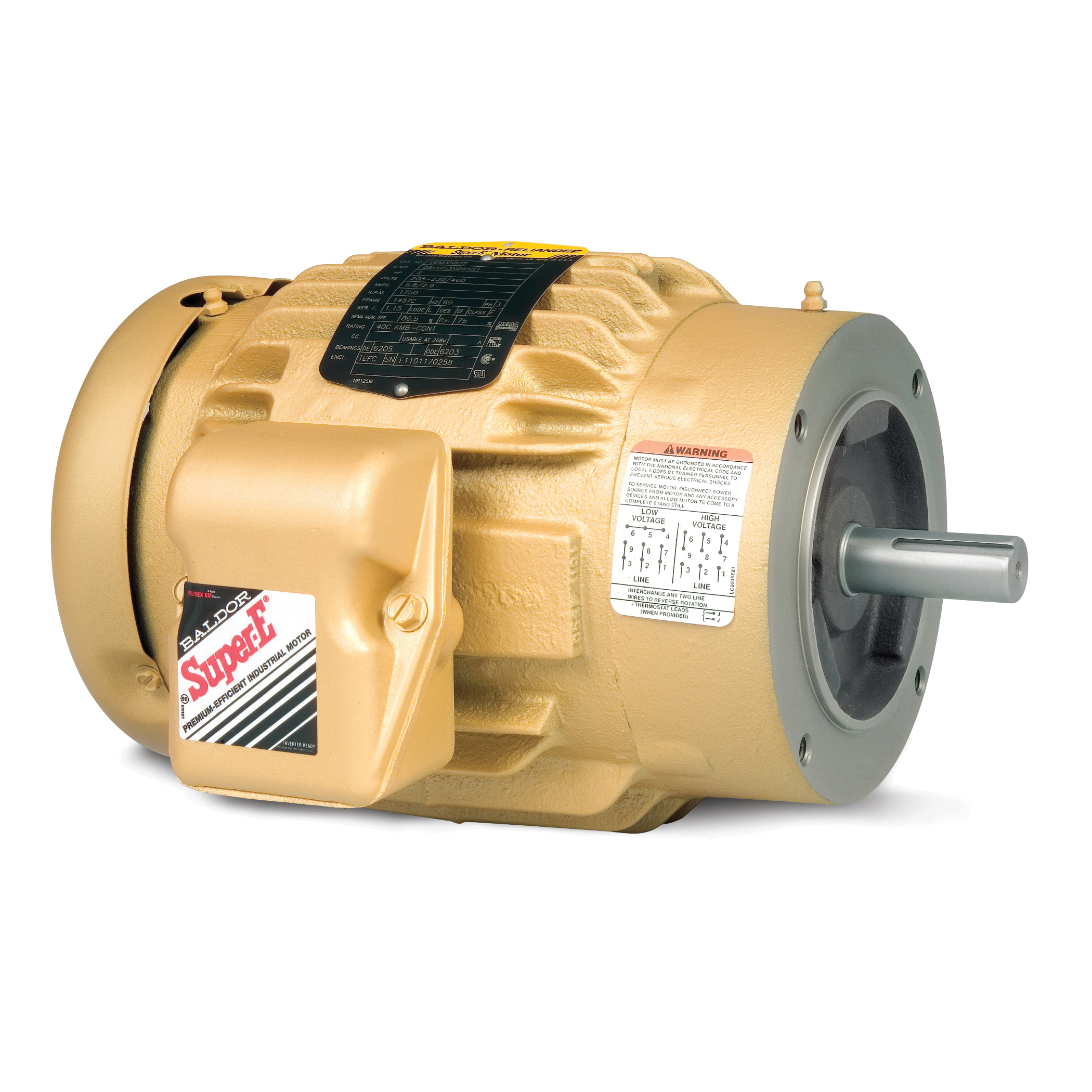 AC Motor, 1 HP, 208/230/460 VAC, 3.1/3/1.5 A, 60 Hz Frequency, 3 ph, 1760 RPM Speed, 1 Speed, Totally Enclosed Fan Cooled Enclosure, 143TC Frame, 1.188 in Shaft, Reversible Rotation, 1.15 Service Factor, Ball Bearing, C-Face Footless Mounting, 40 to 76 C°, Insulation Class: Class F, Iron, 13.03 in L x 10.37 in W Dimensions