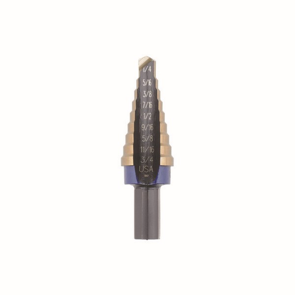 Step Drill Bit, Imperial, #3 Letter/Wire, 1/4 in Diameter Minimum Hole, 3/4 in Diameter Maximum Hole, 2-3/4 in Overall Length, 9 Steps, 1/16 in Step Depth, 9 Hole, 1 Flutes, Radial Concave Flute, 3/8 in Shank, Hex Shank, M35 Cobalt HSS Cutting Edge,